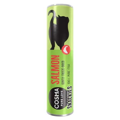 COSMA PURE LOVE SNACKIES Salmon, gently freeze-dried, 100 % pure fish -kissanherkkupakkaus, vihreä sylinteri, musta kissasiluetti