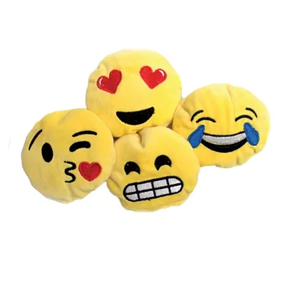 Four yellow plush balls with emoji faces: heart eyes, kissing mouth, showing teeth, and laughing with tears. Suitable as a toy.
