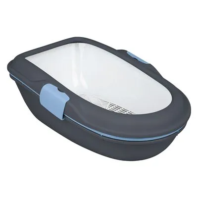 Open kattenbak van donkergrijs plastic met lichtblauwe clips en wit binnenwerk, voorzien van een inzetrooster. Geen merknaam of extra tekst zichtbaar.