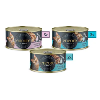 Encore In Broth hrană pentru pisici: 3x file de ton cu creveți, 3x pește de mare, 2x sardină cu file de ton. 100% ingrediente naturale.