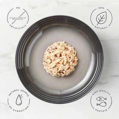 Encore in Broth, chicken breast fillet with natural rice, 100% natural ingredients, 70g. Packaging shows product and cat.