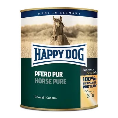 Консерва Happy Dog Pferd Pur Horse Pure, надписи: Supreme Sensible, 100% tierisches Protein, Made in Germany, изображение лошади на фоне поля.