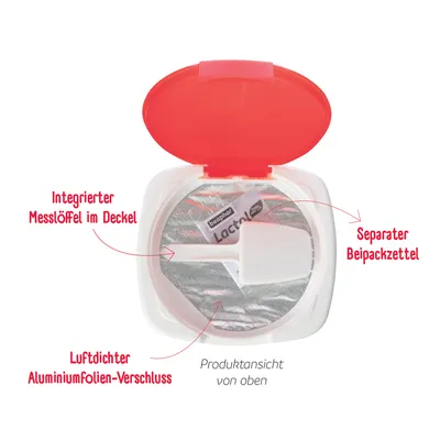 Produktvy uppifrån: integrerad måttsked i locket, lufttät aluminiumfolieförslutning, separat bipacksedel.