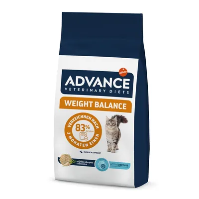 Advance Veterinary Diets Weight Balance krmivo pro kočky. Klinicky testováno, s krůtou, celozrnnou rýží a indickými psylliem. 83 % koček zaznamenalo úspěch po 3 měsících.