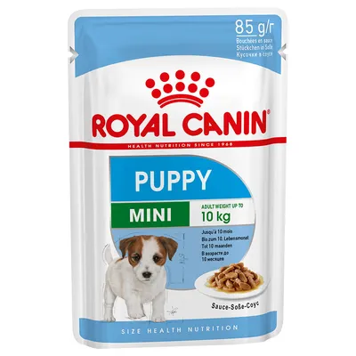 Royal Canin Puppy Mini, 85 g, za pse do 10 kg, komadići u umaku. Na pakiranju prikaz zdjelice s hranom i tekst: 'Adult weight up to 10 kg', 'Jusqu'à 10 mois'. Royal Canin Puppy Mini, 85 g, za pse do 10 kg, komadići u umaku. Na pakiranju prikaz zdjelice s hranom i tekst: 'Adult weight up to 10 kg', 'Jusqu'à 10 mois'.