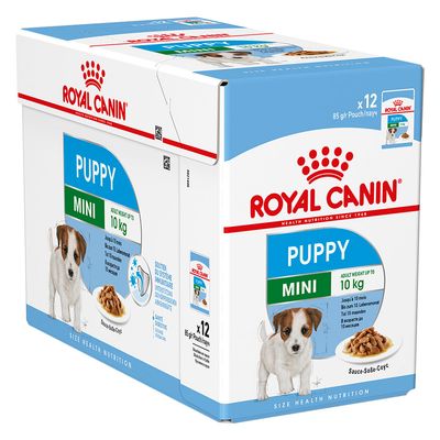 Royal Canin Puppy Mini, do 10 kg, pakiranje od 12 x 85 g vrećica. Slika psa i zdjelice hrane na kutiji. Vidljiv tekst: 'PUPPY MINI', 'ADULT WEIGHT UP TO 10 kg'.