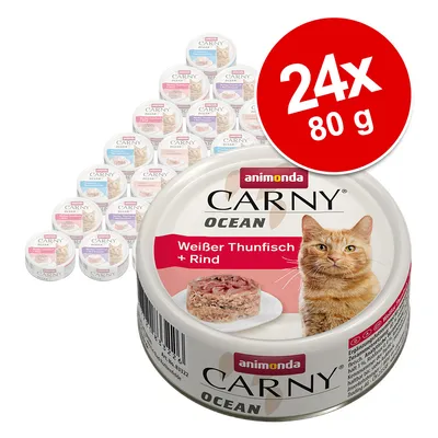 animonda Carny Ocean Weißer Thunfisch + Rind, zestaw 24 x 80 g. Widoczna puszka z wizerunkiem kota i kawałkiem karmy na talerzu.