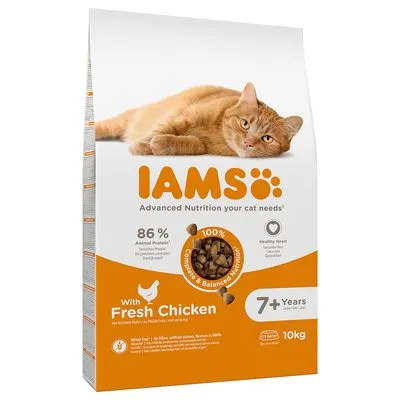 IAMS kattenvoer met verse kip, 86% dierlijk eiwit, voor katten vanaf 7 jaar, 10 kg zak. Tekst: Advanced Nutrition your cat needs, 100% Complete & Balanced Nutrition, Healthy Heart.