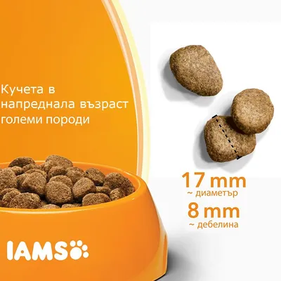 IAMS. Кучета в напреднала възраст големи породи. Гранули с диаметър 17 мм и дебелина 8 мм, показани в оранжева купа и отделно увеличени.