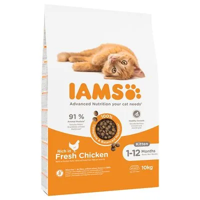 IAMS kattenvoer kitten 1–12 maanden, rijk aan verse kip, 91% dierlijk eiwit, 10 kg. Tekst: Advanced Nutrition your cat needs, 100% complete & balanced nutrition.