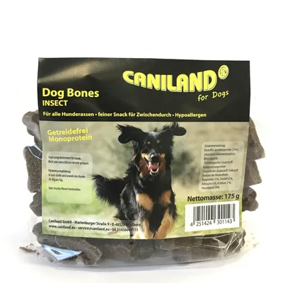 Confezione Caniland Dog Bones Insect, snack per cani senza cereali, monoproteico, peso netto 175 g. Testo in tedesco e inglese visibile sulla confezione.
