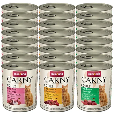 Animonda Carny Adult cibo per gatti, varianti: manzo, tacchino e gamberetti; manzo, pollo e cuori d'anatra; manzo, tacchino e coniglio. 100% ingredienti freschi, senza cereali, Made in Germany.