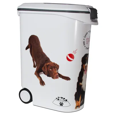 White plastic storage container with wheels, showing images of a brown dog, a red ball, part of another dog, and a food bowl graphic. Visible text: eat • love • repeat.