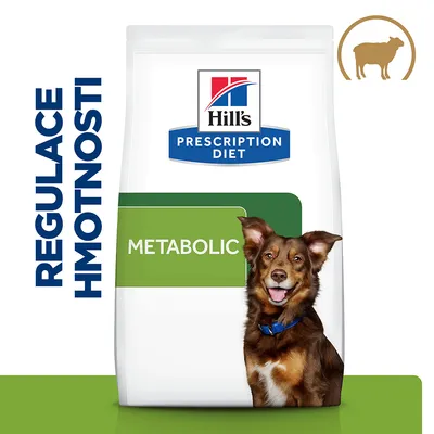 Hill's Prescription Diet METABOLIC, nápis REGULACE HMOTNOSTI, silueta krávy v kruhu, pes před balením. Hill's Prescription Diet METABOLIC, nápis REGULACE HMOTNOSTI, silueta krávy v kruhu, pes před balením.