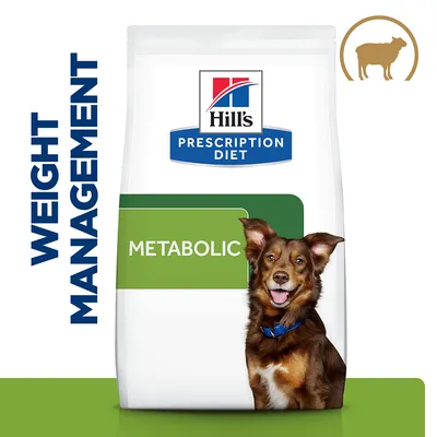 Hill's Prescription Diet Metabolic hrana za pse, natpis WEIGHT MANAGEMENT, simbol krave u gornjem desnom kutu, pas ispred pakiranja.