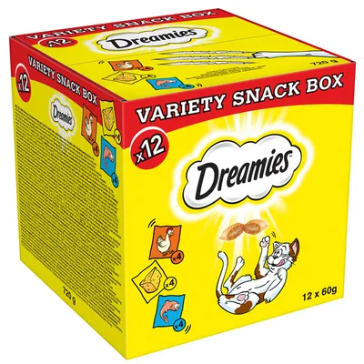Dreamies Variety Snack Box, 12 x 60 г. Включает 4 упаковки с курицей, 4 с сыром и 4 с лососем. Общий вес: 720 г.