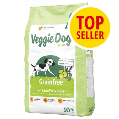 Saco de pienso VeggieDog Adult Grainfree, 10 kg, con texto 'mit Kartoffel & Erbse', '100 % vegetarische Rezeptur', '99,99 % vegane Rezeptur' y sello amarillo 'TOP SELLER'. Saco de pienso VeggieDog Adult Grainfree, 10 kg, con texto 'mit Kartoffel & Erbse', '100 % vegetarische Rezeptur', '99,99 % vegane Rezeptur' y sello amarillo 'TOP SELLER'.