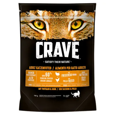 CRAVE Adult Katzenfutter, min. 60 % životinjskih sastojaka, s puretinom i piletinom, bez žitarica, 750 g. Tekst na engleskom, njemačkom i talijanskom jeziku. CRAVE Adult Katzenfutter, min. 60 % životinjskih sastojaka, s puretinom i piletinom, bez žitarica, 750 g. Tekst na engleskom, njemačkom i talijanskom jeziku.