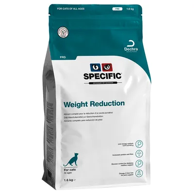 Sac de croquettes SPECIFIC Weight Reduction pour chats, 1,6 kg. Marque Dechra. Texte visible : aliment complet pour la réduction d’un excès pondéral. Pour chats de tout âge.