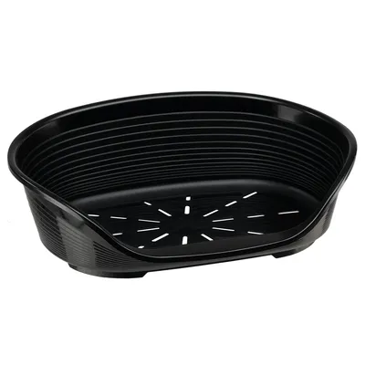 Black plastic pet bed with ventilation slots in the base and ribbed side walls.