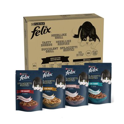 Carton Purina Felix Tasty Shreds, 80 sachets. Texte visible : succulent grill, 100 % complete and balanced, no colourants, no added artificial flavours or preservatives.