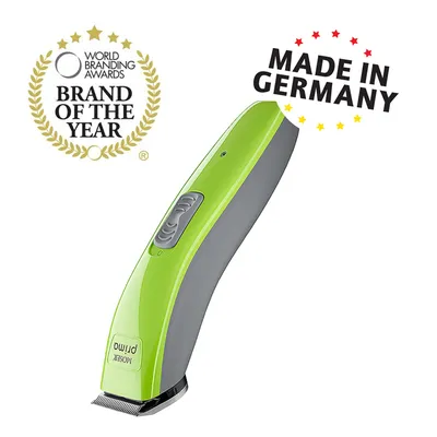 MOSER primo klippemaskine i grøn og grå, tekst: World Branding Awards Brand of the Year, Made in Germany MOSER primo klippemaskine i grøn og grå, tekst: World Branding Awards Brand of the Year, Made in Germany