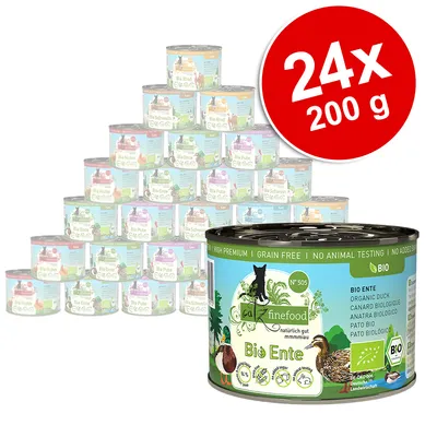 catz finefood Bio kachna, 24x 200g. Bez obilovin, bez testování na zvířatech, bez přidaného cukru. Certifikace DE-ÖKO-006, bio suroviny.