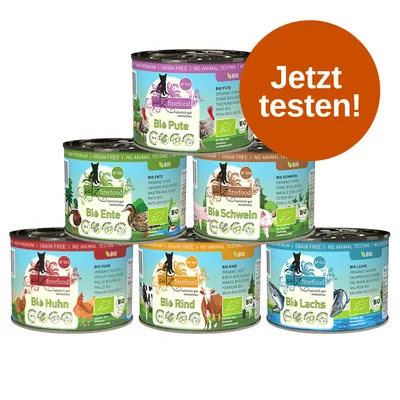 catz finefood Bio Pute, Bio Ente, Bio Schwein, Bio Huhn, Bio Rind, Bio Lachs. Getreidefrei, keine Tierversuche, Bio-Siegel. Orange Kreis: Jetzt testen!