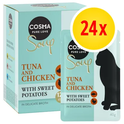 Cosma Pure Love Soup, tuna and chicken with sweet potatoes in delicate broth, 24 x 40g pouches shown on packaging.