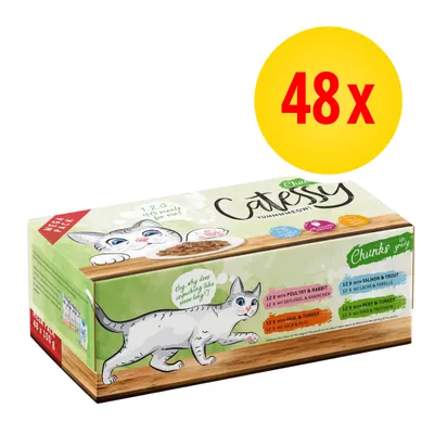 Zestaw 48 saszetek Catessy Chunks in Gravy dla kotów, widoczne smaki: drób i królik, cielęcina i indyk, łosoś i pstrąg, wołowina i indyk. Opakowanie z ilustracją kota.