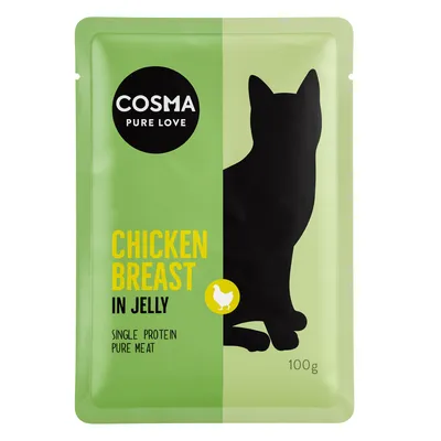 Cosma Pure Love, Chicken Breast in Jelly, Single Protein, Pure Meat, 100g. Verpackung mit Silhouette einer Katze und Huhn-Symbol. Cosma Pure Love, Chicken Breast in Jelly, Single Protein, Pure Meat, 100g. Verpackung mit Silhouette einer Katze und Huhn-Symbol.