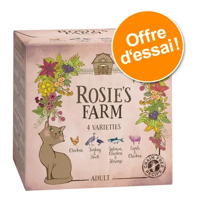 Rosie’s Farm 4 variétés pour chat adulte : poulet, dinde & canard, saumon-poulet-crevette, agneau & poulet. Offre d’essai ! Recette sans céréales visible sur l’emballage.