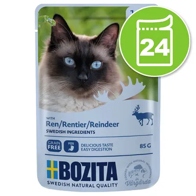 Bozita pâtée pour chat au ren/rentier, ingrédients suédois, sans céréales, 85 g. Lot de 24 sachets indiqué par une icône verte avec le chiffre 24. Bozita pâtée pour chat au ren/rentier, ingrédients suédois, sans céréales, 85 g. Lot de 24 sachets indiqué par une icône verte avec le chiffre 24.