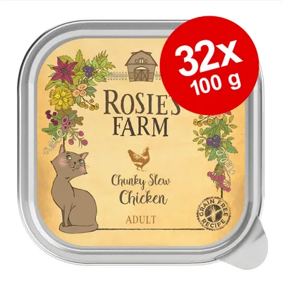 Rosie’s Farm Chunky Stew Chicken Adult, spannmålsfri. Förpackning med 32 x 100 g portionsburkar kattmat. Illustration av katt och blommor på etiketten.