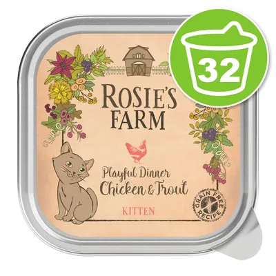 Barquette Rosie’s Farm Playful Dinner Chicken & Trout pour chaton, recette sans céréales, lot de 32 indiqué sur un badge vert. Texte en anglais visible sur l’emballage.