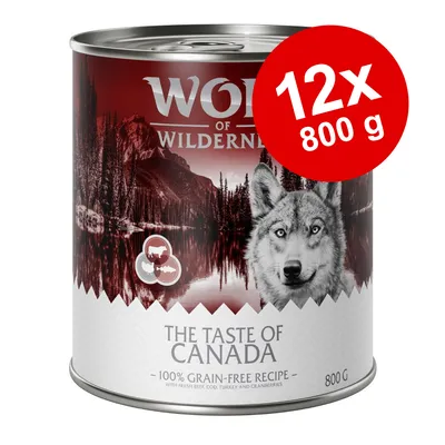 Wolf of Wilderness The Taste of Canada våtfoder, 12×800 g. Text: 100% grain-free recipe, with fresh beef, cod, turkey and cranberries. Vikt per burk: 800 g.