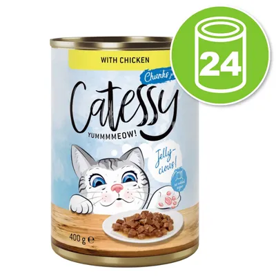 Lot de 24 boîtes Catessy Chunks with Chicken, 400 g. Texte visible : YUMMMMEOW!, Jelly-cious!, no added sugar. Lot de 24 boîtes Catessy Chunks with Chicken, 400 g. Texte visible : YUMMMMEOW!, Jelly-cious!, no added sugar.