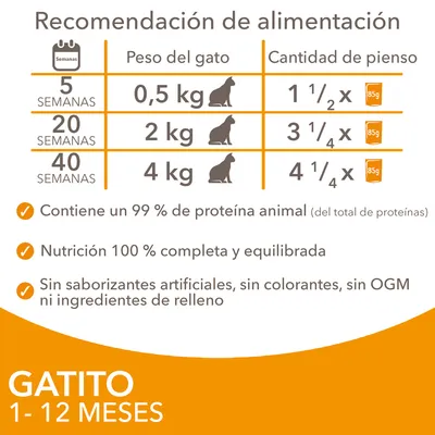 Tabla de recomendación de alimentación para gatitos 1–12 meses: 0,5 kg 1½x85g, 2 kg 3¼x85g, 4 kg 4¼x85g. 99 % proteína animal, nutrición completa, sin saborizantes ni colorantes.