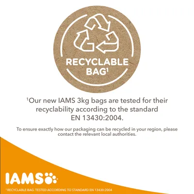 IAMS. Recyclable bag¹. Our new IAMS 3kg bags are tested for their recyclability according to the standard EN 13430:2004. Text v angličtine.