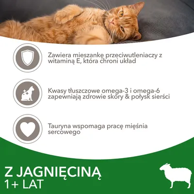 Z jagnięciną 1+ lat. Zawiera przeciwutleniacze z witaminą E, kwasy omega-3 i omega-6 dla skóry i sierści, tauryna wspomaga pracę serca. Tekst w języku polskim.