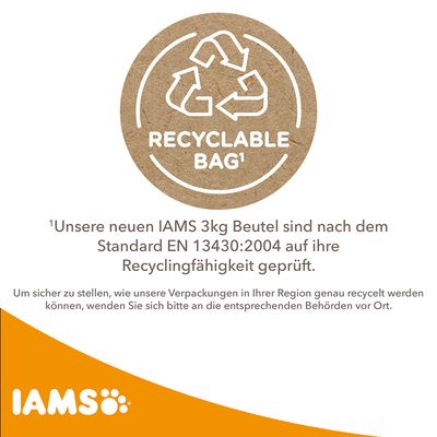 IAMS 3kg Beutel sind nach Standard EN 13430:2004 auf Recyclingfähigkeit geprüft. Hinweis zur lokalen Recyclingmöglichkeit bei Behörden erfragen.