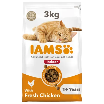 IAMS Indoor 3kg, advanced nutrition, 100% complete and balanced with fresh chicken, suitable for 1+ years, recyclable bag