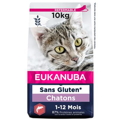Sac de croquettes Eukanuba pour chatons, 10 kg, refermable, Sans Gluten*, 1–12 mois, 87 % protéines animales. Texte visible : élaboré dans une usine manipulant des céréales.