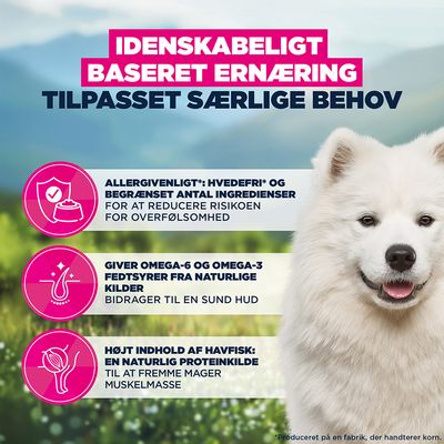 Allergivenlig, hvedefri, begrænsede ingredienser for at reducere overfølsomhed. Omega-6 og omega-3 fra naturlige kilder. Højt indhold af havfiskeprotein.
