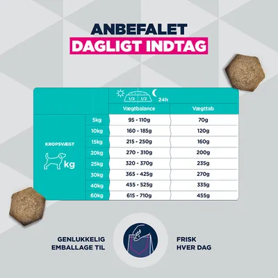 Fodringstabel for hunde: anbefalet daglig mængde efter kropsvægt i kg, opdelt efter vægtvedligeholdelse og vægttab. Tabel med mængdeangivelser i gram.