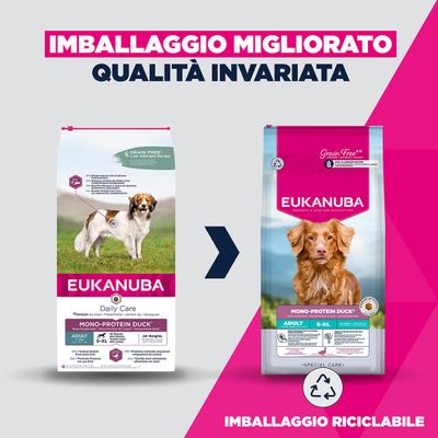 Eukanuba Daily Care cibo secco per cani, mono-proteina anatra, senza cereali, riduce il rischio di reazioni indesiderate, adatto a tutte le razze e taglie, 12kg.