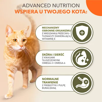 Advanced Nutrition wspiera u twojego kota: mechanizmy obronne organizmu, skóra i sierść oraz normalne trawienie. Zawiera witaminę E, kwasy omega-3 i omega-6, prebiotyki i pulpę buraczaną.