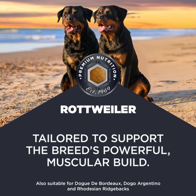 ROTTWEILER. Specially formulated for the strong, muscular build of the breed. Also suitable for Dogue De Bordeaux, Dogo Argentino, and Rhodesian Ridgebacks.