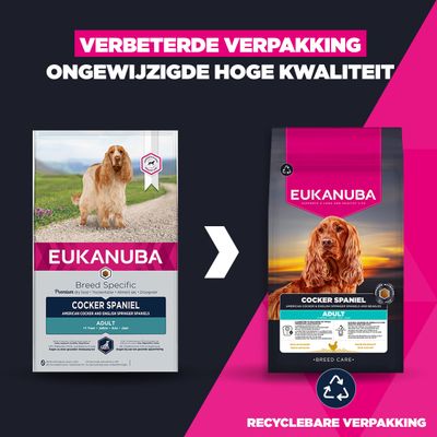 Vergelijking van de oude en nieuwe Eukanuba Cocker Spaniel Adult verpakking, met een verwijzing naar de verbeterde, recyclebare verpakking bij dezelfde kwaliteit.
