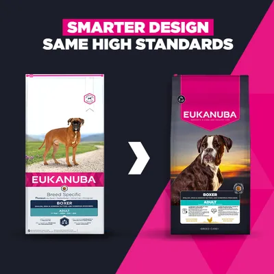Eukanuba Boxer Adult Packaging Design Comparison: left old design, right new design. Text: Smarter Design, Same High Standards. Eukanuba Boxer Adult Packaging Design Comparison: left old design, right new design. Text: Smarter Design, Same High Standards.